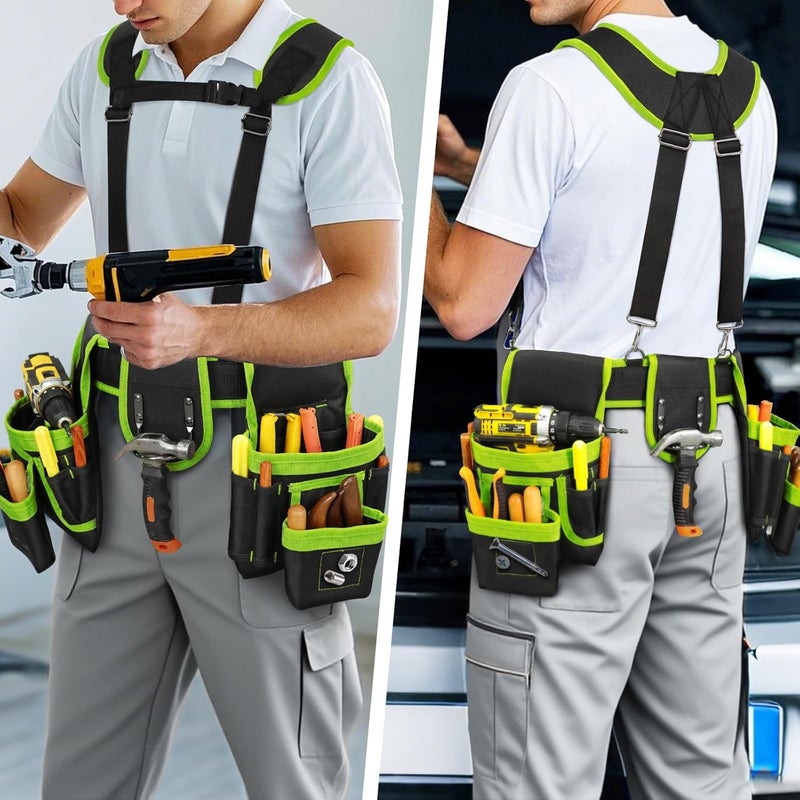 TEKCHIC Tool Belt, Professional Tool Belts for Men, Magnetic Tool Pouch With Suspenders, Heavy Duty Detachable Adjustable Utility Belt Work Bags for Electrician, Carpenter (Black and Green, 32"-66") - Image 2